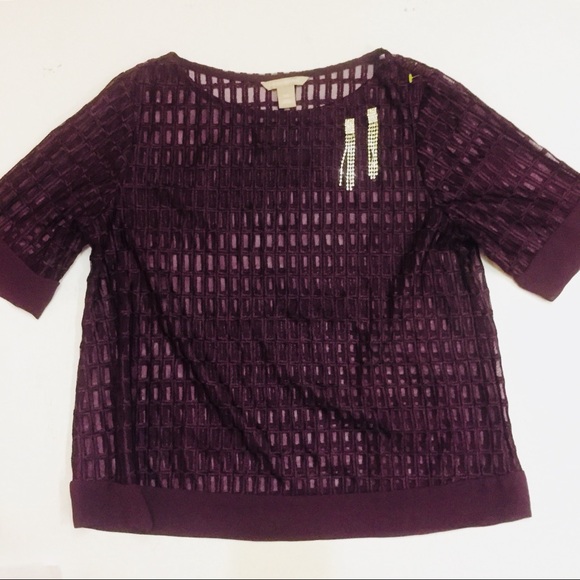 🌹HP🌹Sexy Sheer Lace Plaid Blouse Top Burgundy Deep Purple - Picture 4 of 5